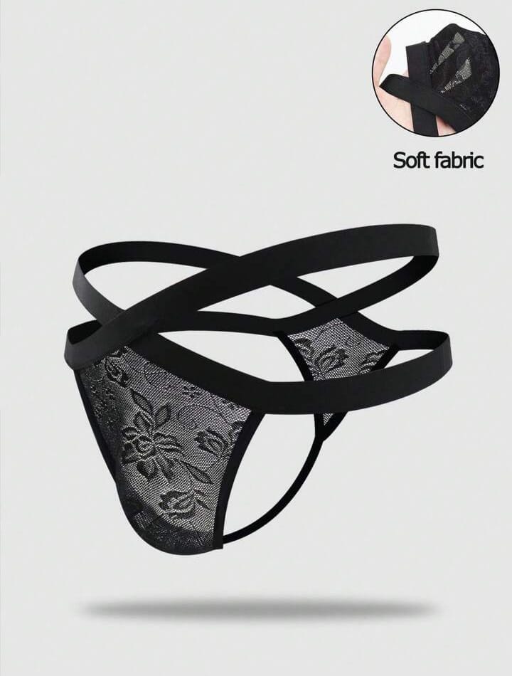 Noir Lace Cross-Strap Thong